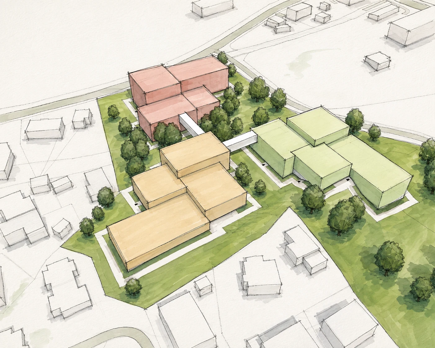 Arkitekturillustrasjon av et område med flere bygningsvolumer og grøntarealer